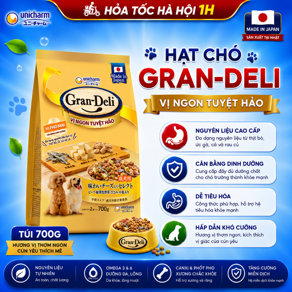 Hạt Gran Deli Cho Chó – Thức Ăn Khô Gran-Deli 700g Topping Cá, Thịt, Phô Mai – huna