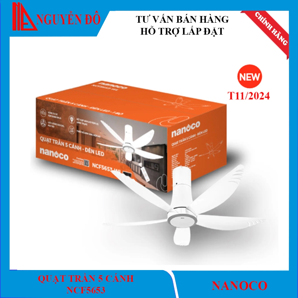 Quạt trần 5 cánh Nanoco NCF5653-WL tích hợp đèn LED với 3 chế độ ánh sáng, điều khiển bằng remote, đ