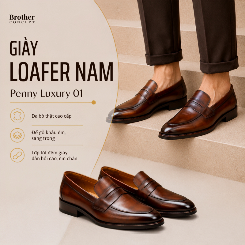 Giày Tây Loafer Nam Penny Luxury BrotherConcept Da Bò Thật Nâu Patina Đế Gỗ