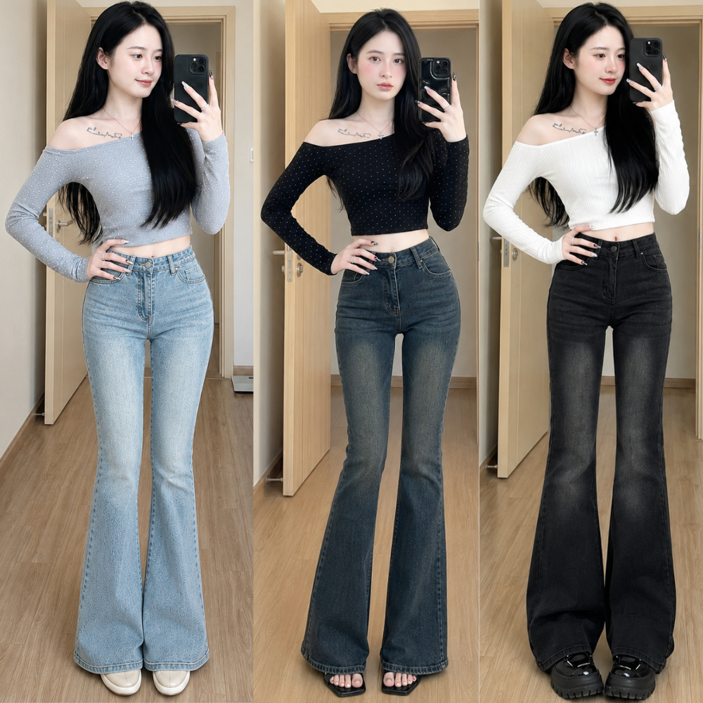 Quần bò nữ ống loe MIAA  dáng ôm màu RETRO, quần jeans loe cạp cao co giãn ôm eo nữ đủ size nhiều màu | BigBuy360 - bigbuy360.vn