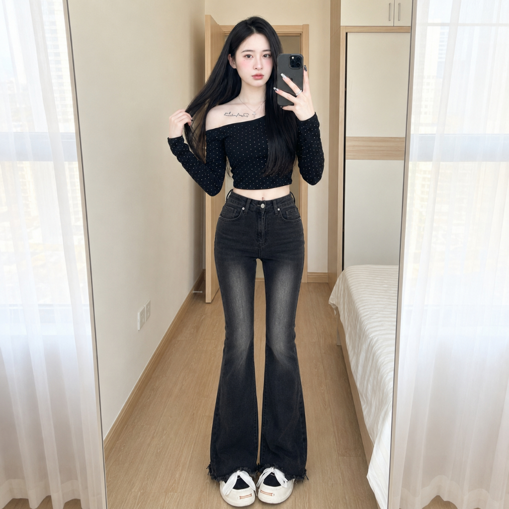 Quần bò nữ ống loe MIAA  dáng ôm màu RETRO, quần jeans loe cạp cao co giãn ôm eo nữ đủ size nhiều màu | BigBuy360 - bigbuy360.vn
