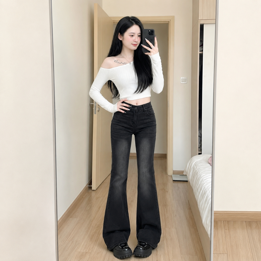 Quần bò nữ ống loe MIAA  dáng ôm màu RETRO, quần jeans loe cạp cao co giãn ôm eo nữ đủ size nhiều màu | BigBuy360 - bigbuy360.vn