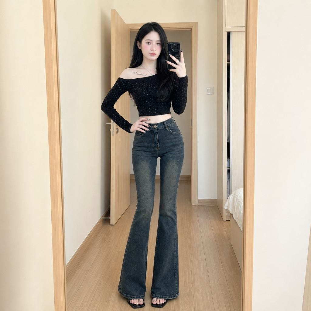 Quần bò nữ ống loe MIAA  dáng ôm màu RETRO, quần jeans loe cạp cao co giãn ôm eo nữ đủ size nhiều màu | BigBuy360 - bigbuy360.vn