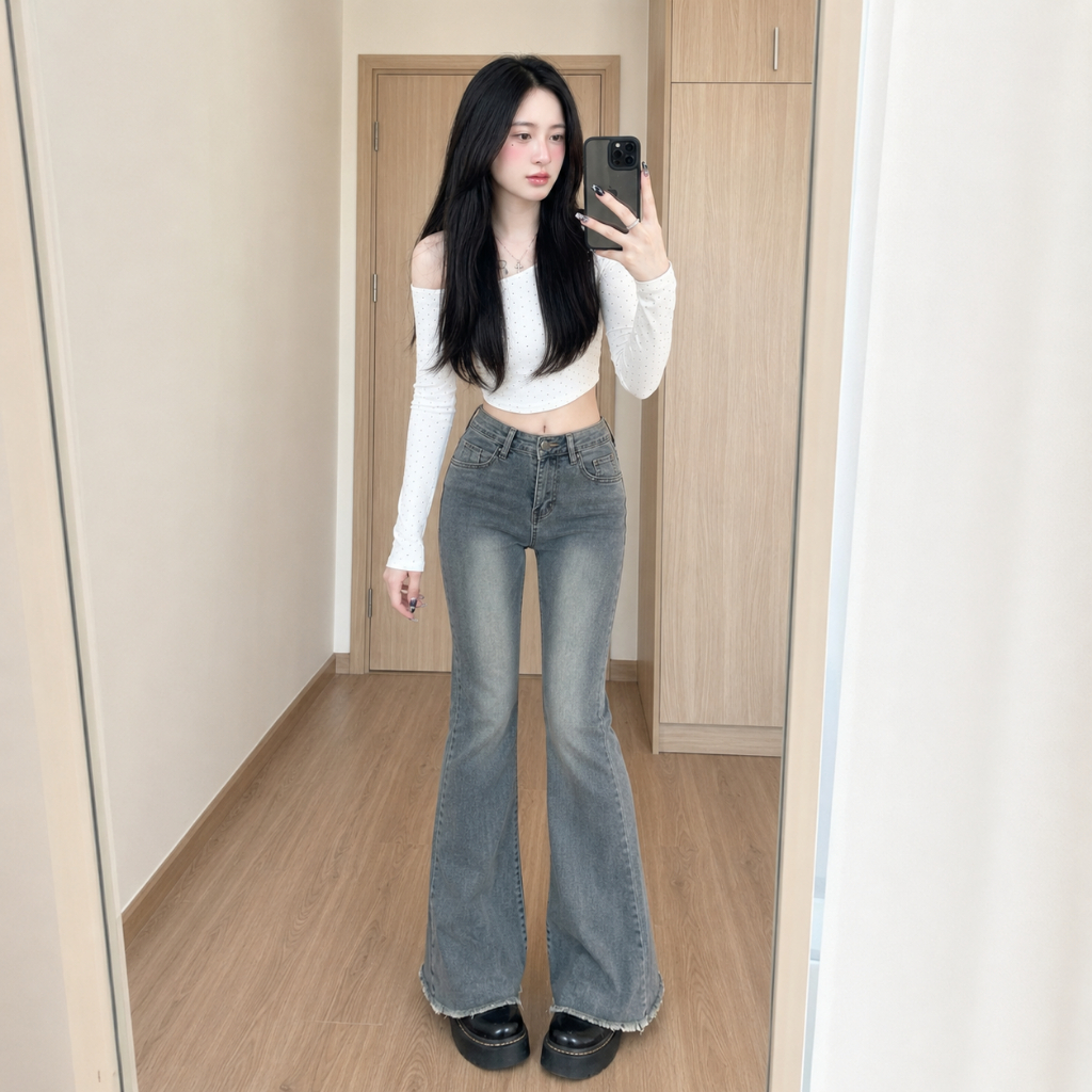Quần bò nữ ống loe MIAA  dáng ôm màu RETRO, quần jeans loe cạp cao co giãn ôm eo nữ đủ size nhiều màu | BigBuy360 - bigbuy360.vn
