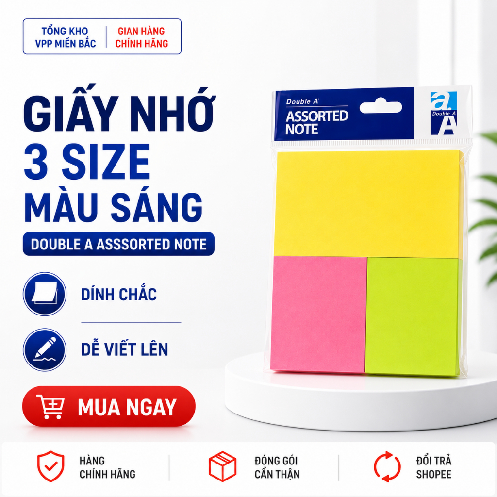 Double A Giấy Nhớ 3 Size Màu Dịu Chính Hãng – Sticky Note Ghi Chú Tiện Lợi, Keo Dán Chắc, Màu Pastel Đẹp Mắt
