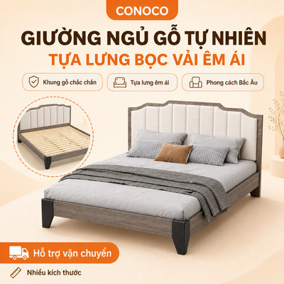 Giường ngủ hiện đại khung gỗ chắc chắn CONOCO tựa lưng bọc vải êm ái 1m8