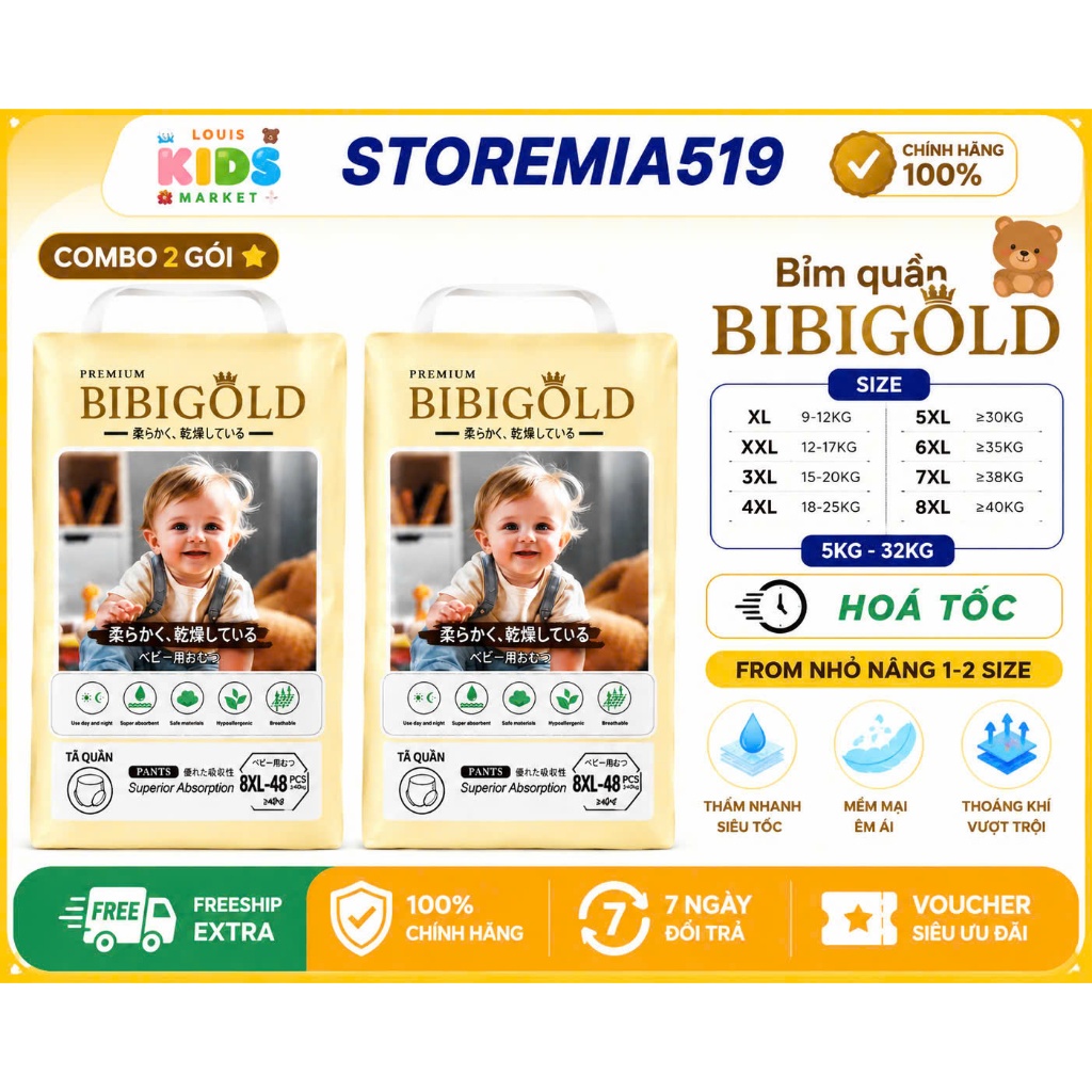 [HỎA TỐC - 1 BỊCH] Tã bỉm quần Bibi gold Premium cao cấp cho bé size lớn đến 8XL