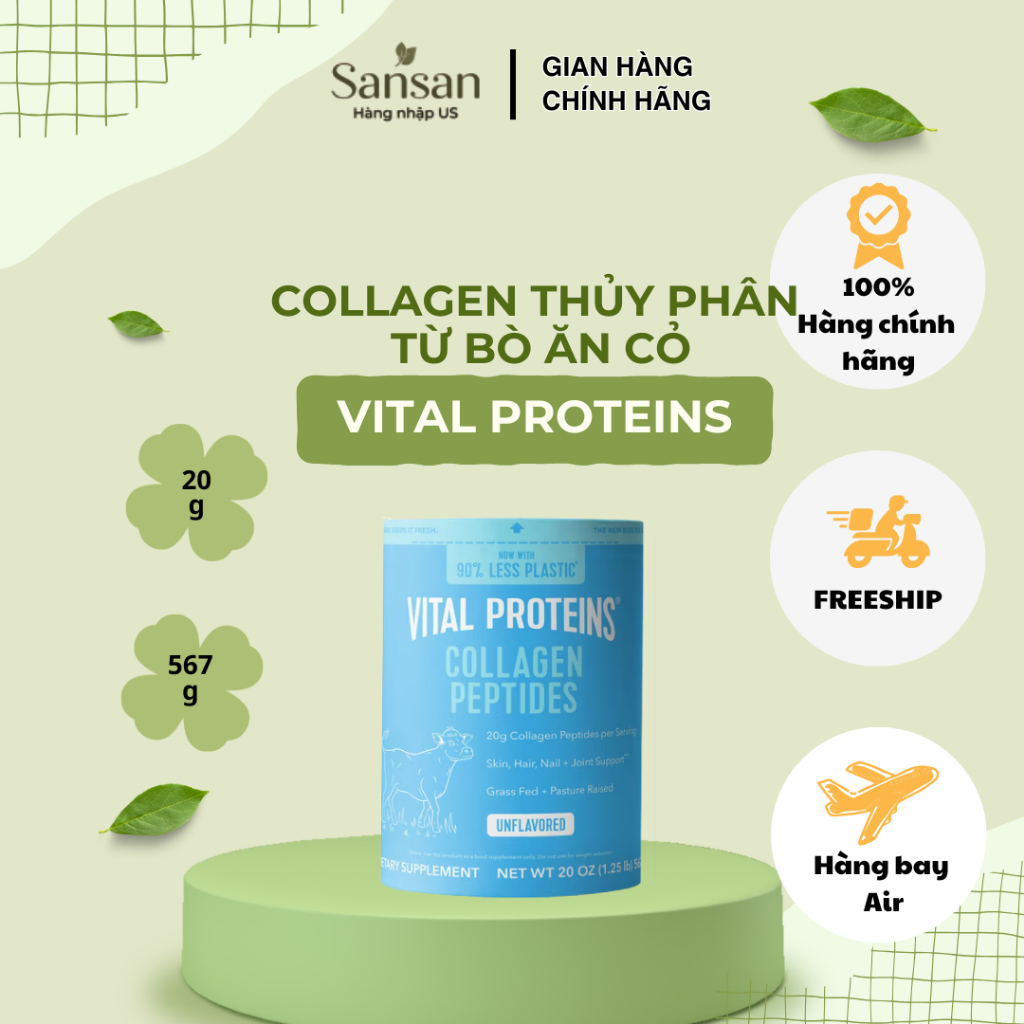 Vital Proteins Collagen Peptides 20oz (567g) - Bột Collagen Peptides Thủy Phân Từ Bò Ăn Cỏ - Không H