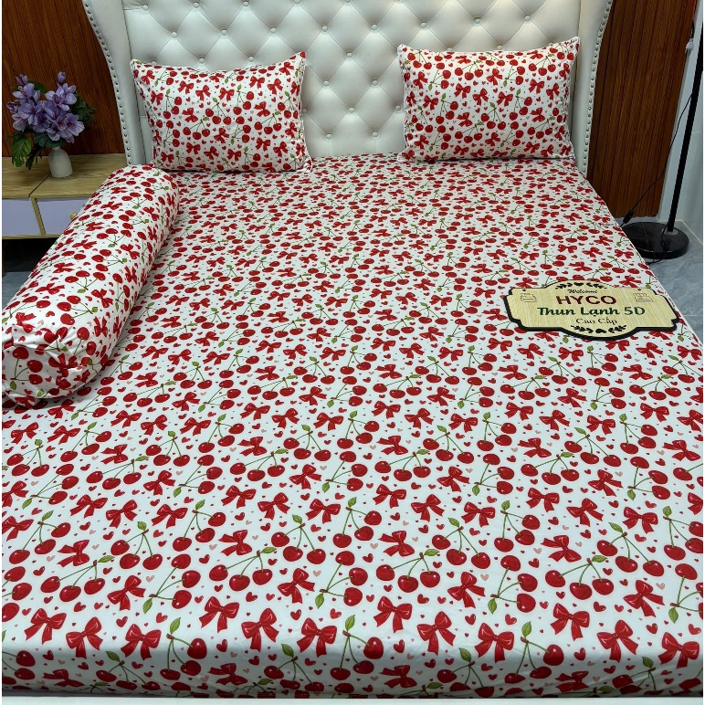 Mẫu Nơ cherry - Bộ ga gối thun lạnh Hyco 5D ôm khóa kéo