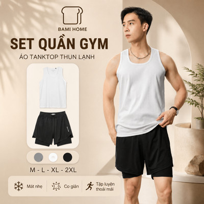 Set quần gym áo tanktop chất thun lạnh 4 chiều BAMI HOME, Bộ đồ thể thao tập gym thoáng mát BTT08