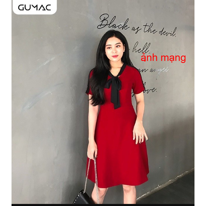 đầm đỏ dáng A thời trang công sở thương hiệu Gumac thắt nơ đen tay ngắn hàng si secondhand