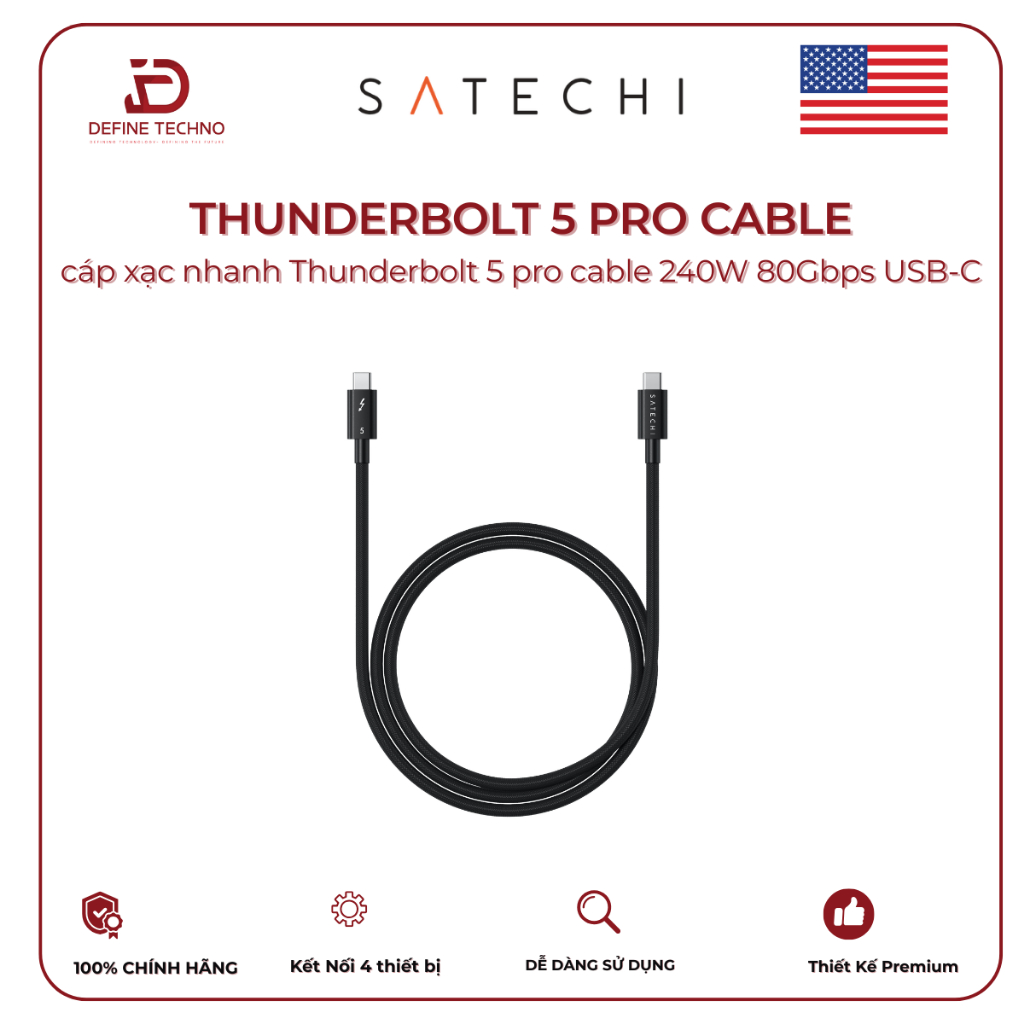 Cáp Sạc Nhanh Satechi Thunderbolt 5 Pro Cable 240W 80Gbps USB-C Chính Hãng