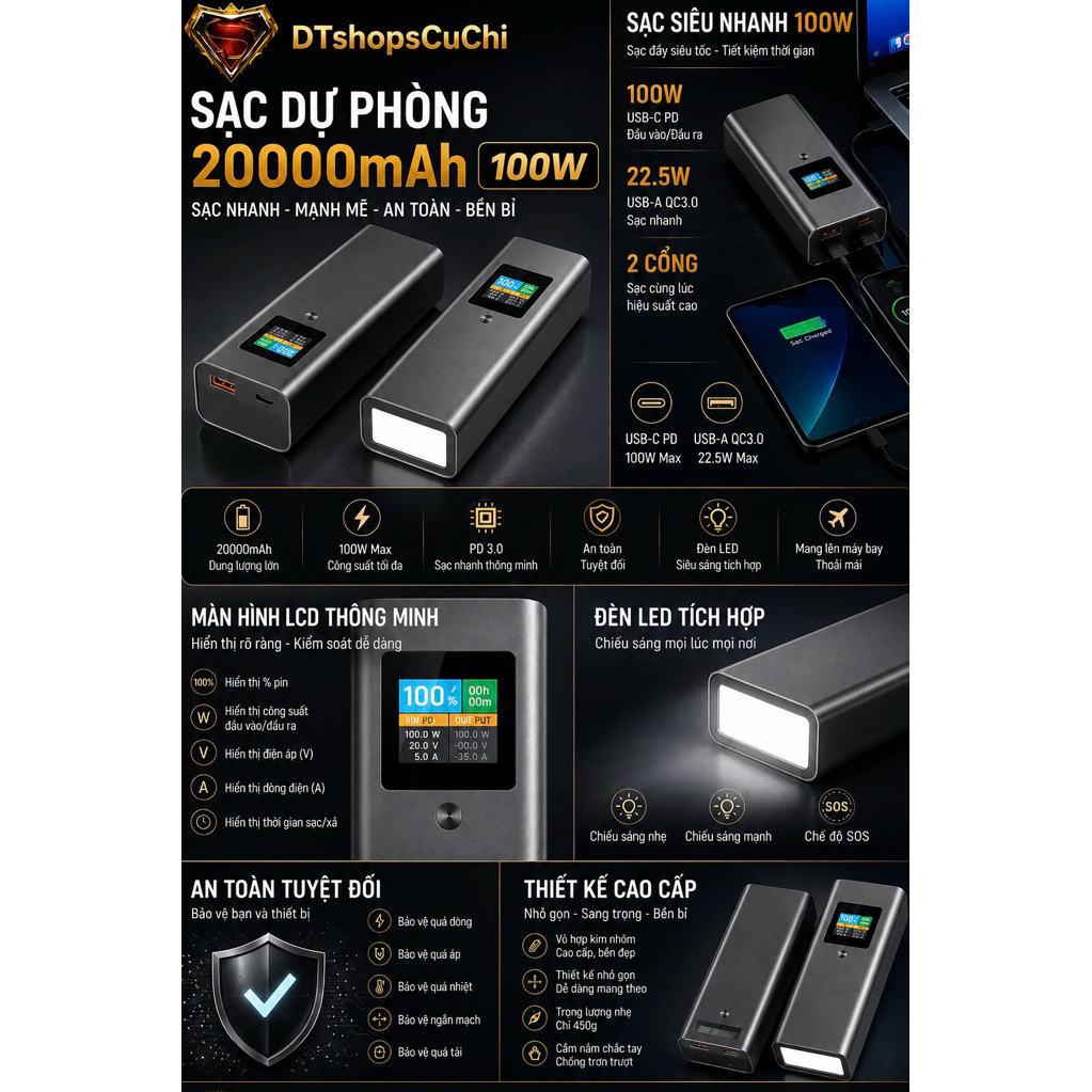 box sạc dự phòng 100w 20000mah (ko pin)
