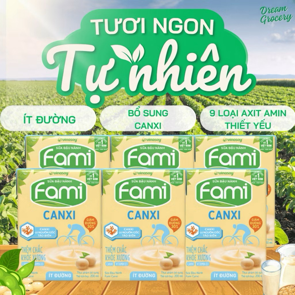 Sữa Đậu Nành Fami nguyên chất 200ml, Sữa FAMI thùng 36 hộp, Sữa uống bổ sung canxi, thơm ngon