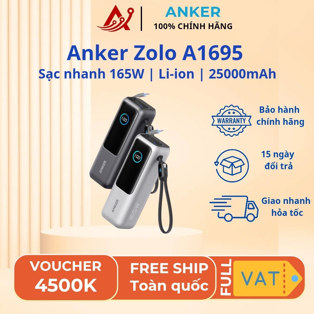 Pin sạc dự phòng ANKER 25000mAh 165W A1695 kèm cáp dây rút TypeC Chính hãng