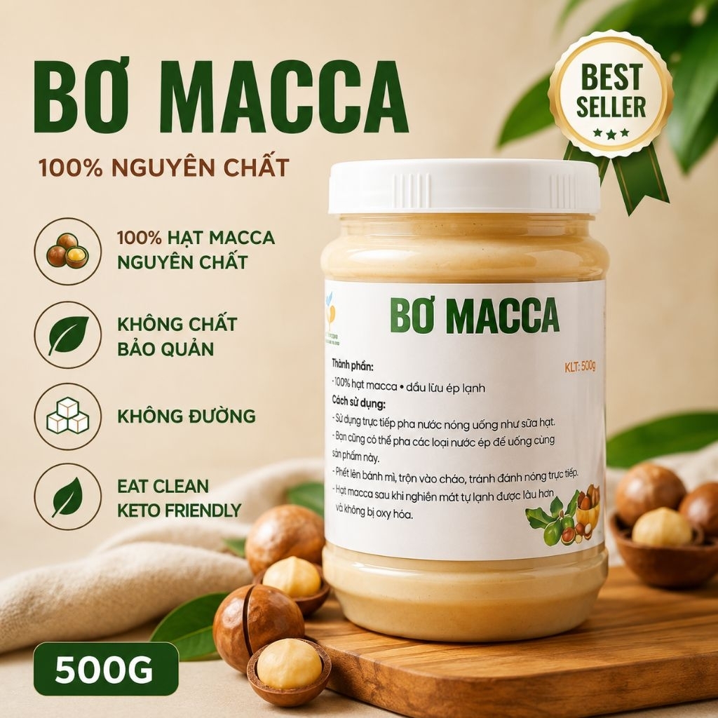 BƠ MACCA NGUYÊN CHẤT 500G | 100% HẠT MACCA + DẦU Ô LIU ÉP LẠNH | KHÔNG ĐƯỜNG | KHÔNG CHẤT BẢO QUẢN |