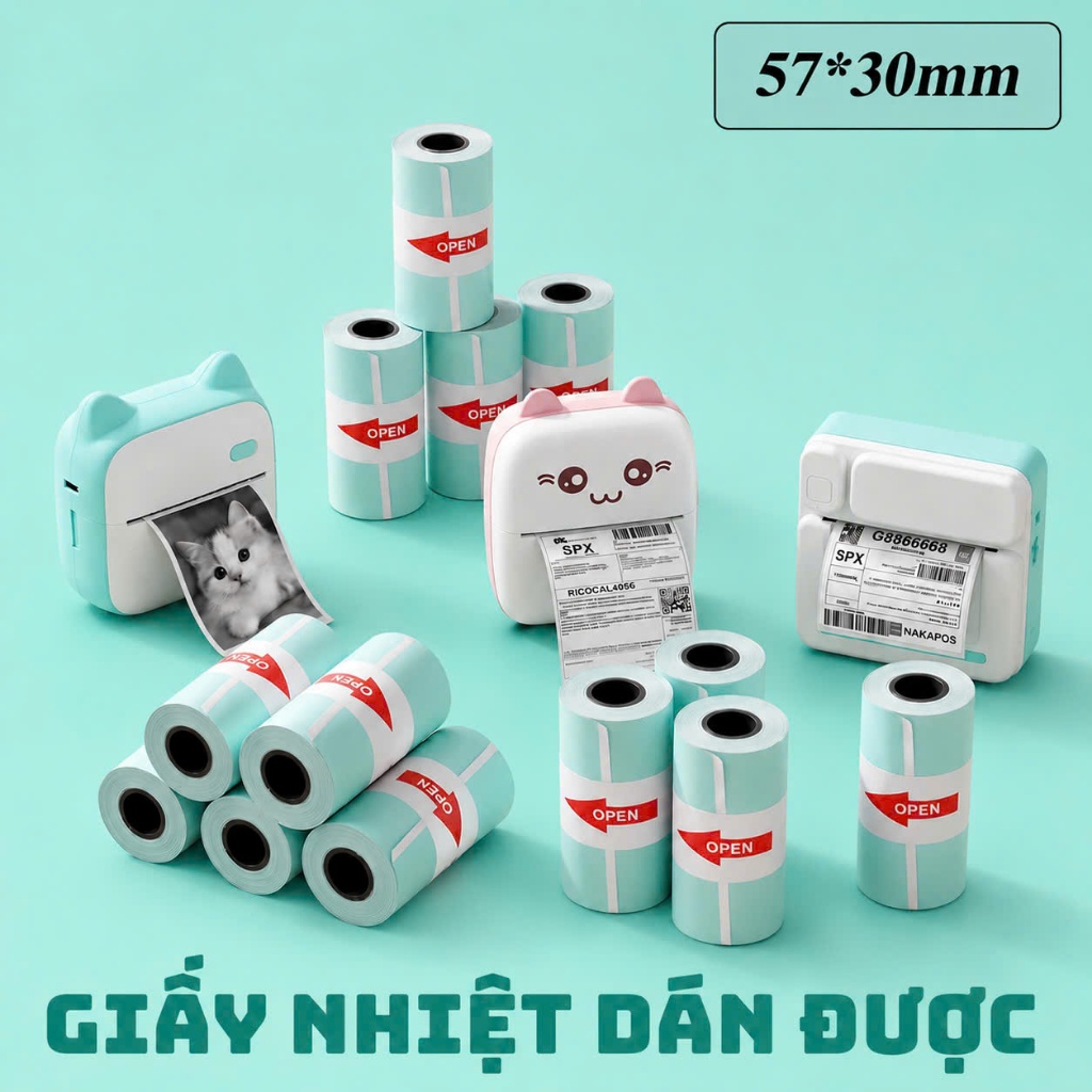 Giấy in nhiệt dán được in bill Bluetooth con mèo K57x30 máy in cầm tay có sẵn keo K57*30 mini