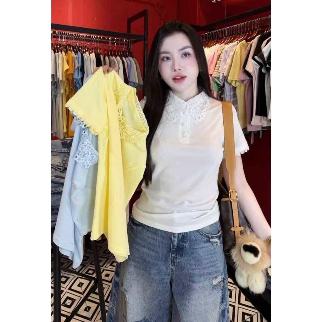 Áo phông giấy polo phối ren 6225