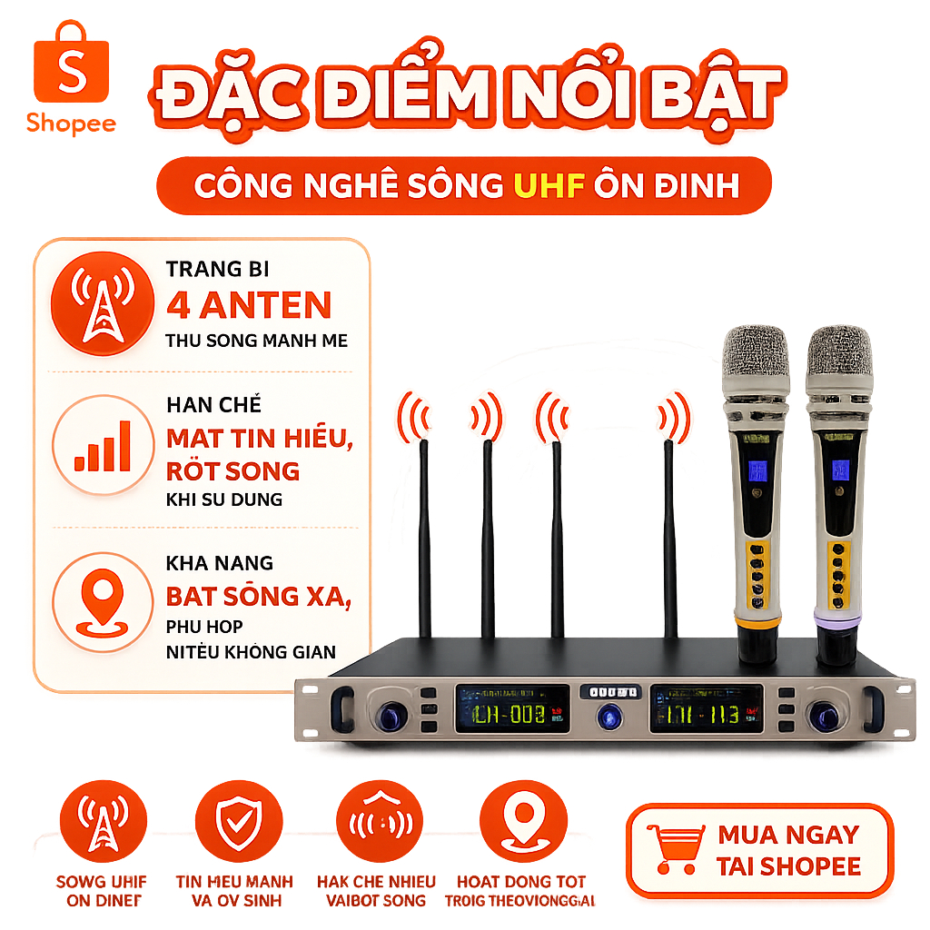 Micro Không Dây UGX50 4 Anten,  Chất Âm Nhẹ, Siêu Sáng, Thu Và Lọc Âm Tốt, Chống Hú,Chống Nhiễu
