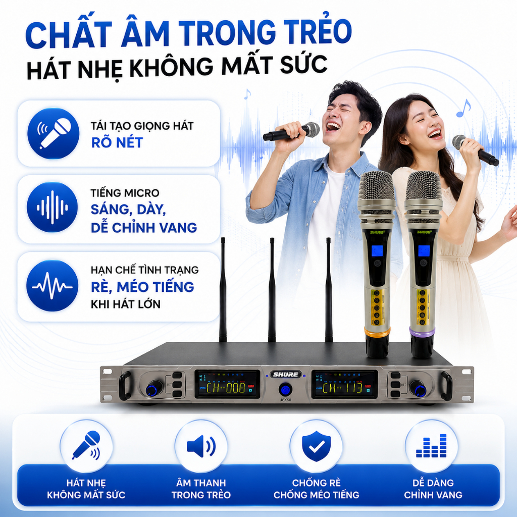 Micro Không Dây UGX50 4 Anten – Hát Karaoke Chuyên Nghiệp, Sóng Khỏe, Âm Thanh Cực Hay