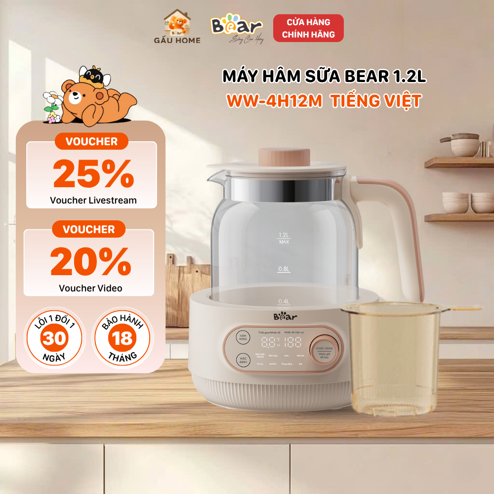 Máy Đun Nước Pha Sữa Bear 1.2L Hâm Sữa Giữ Nhiệt Pha Sữa Nhanh An Toàn Cho Bé WW-4H12M