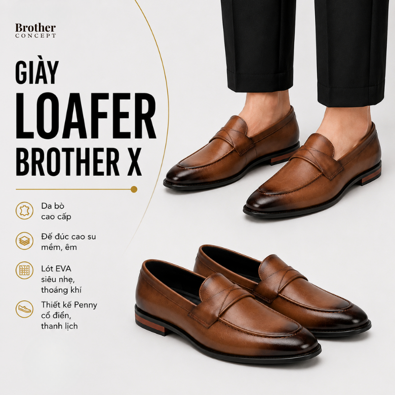 Giày Loafer Nam Brother X BRC012601 Da Bò Thật Màu Nâu Cognac, Giày Lười Penny Loafer Đế Cao Su