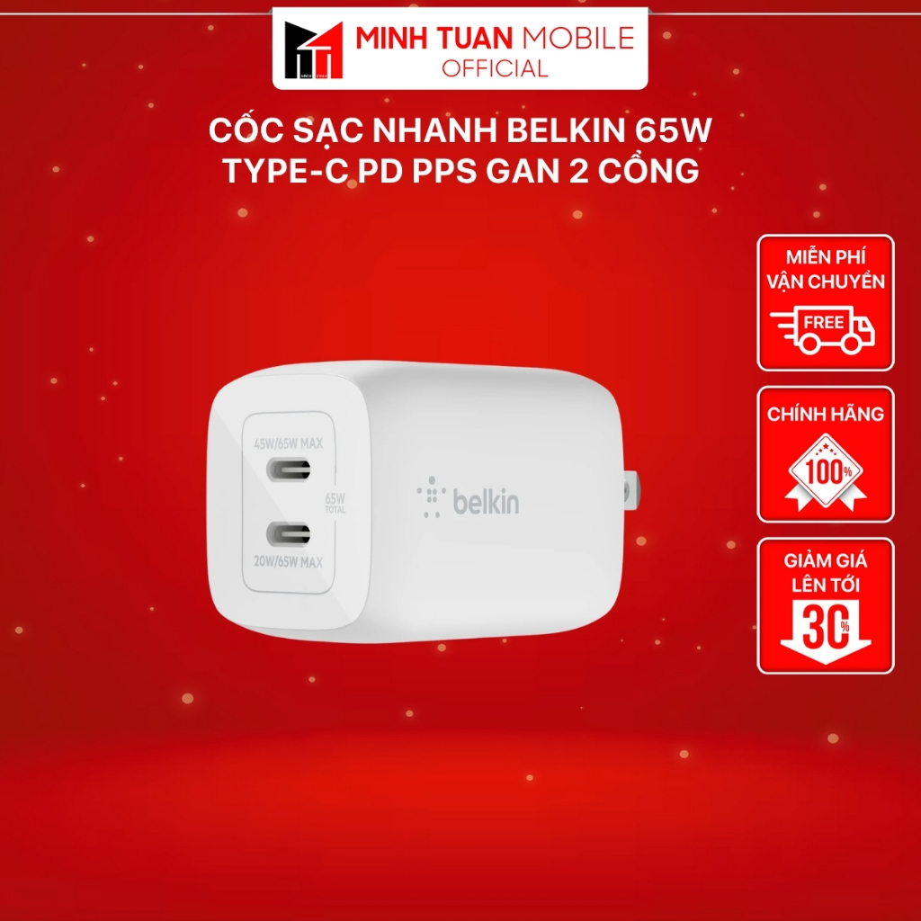 Cốc sạc nhanh 2 cổng Belkin 65W Type-C PD PPS GaN - Hàng Chính Hãng