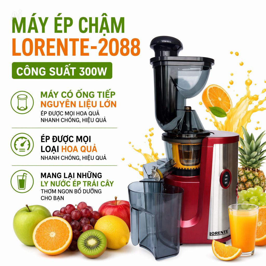 Máy Ép Chậm Lorente-2088, Công Suất 300W, Máy Có Ống Tiếp Nguyên Liệu Lớn Ép Được Mọi Hoa Quả Nhanh 