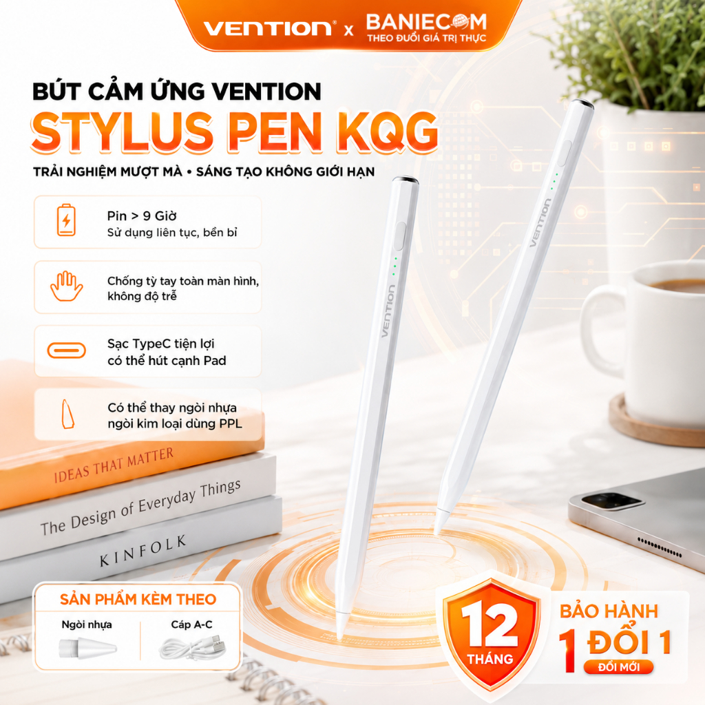 Bút cảm ứng Vention KQG Smooth Writing Cho Pad 2018 - 2025 - Chống tỳ tay - Độ nhạy cao Pin 9h
