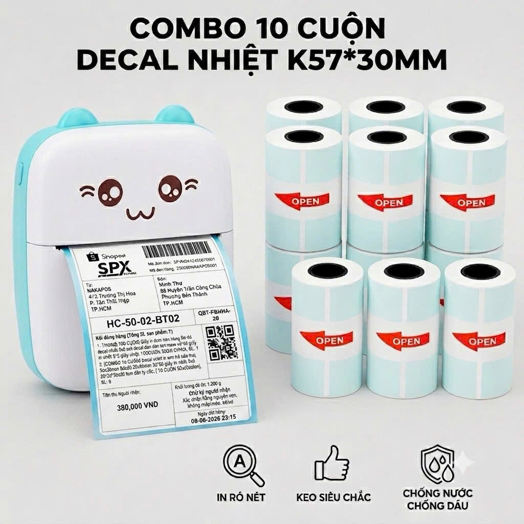 [COMBO 10 CUỘN] Giấy in nhiệt K57x30 K58x30 K58x37 K52 DÁN ĐƯỢC cho máy in Bluetooth in vận đơn tem 