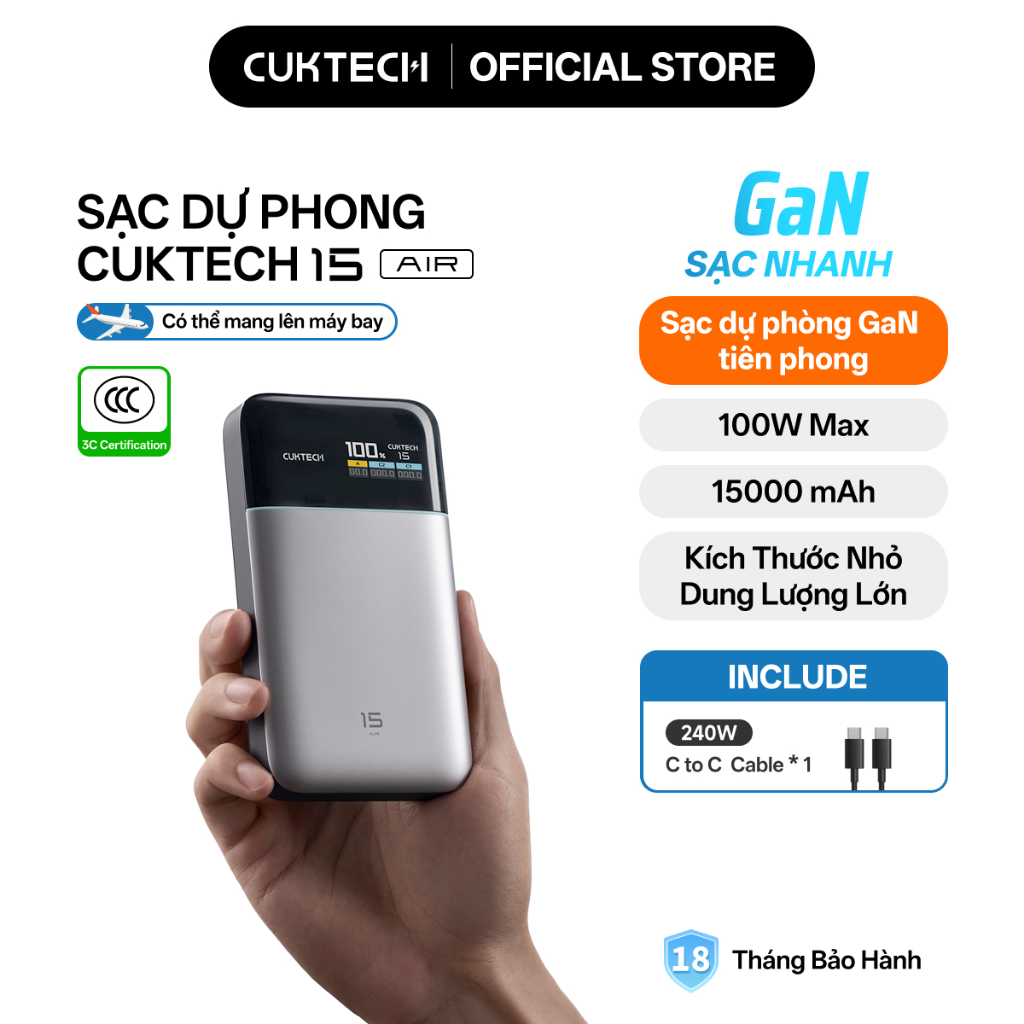 【Được chứng nhận CCC】CUKTECH Power Bank GaN tiên phong 100W Max 快充 15000mAh Xiaomi 90W Max Laptop 65W Samsung 45W iP17