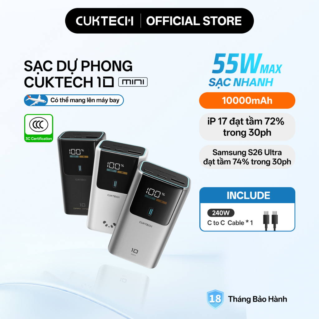 【Được chứng nhận CCC】CUKTECH Mini 55W Sạc Nhanh 10000mAh Pin Sạc Dự Phòng Xiaomi 55W Max Samsung 45W iP16/15/14