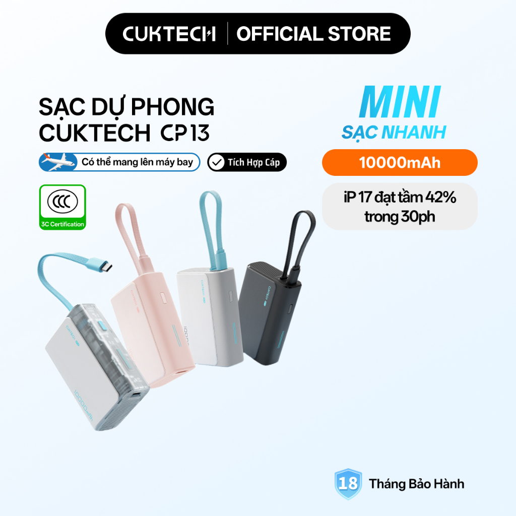【Được chứng nhận CCC】CUKTECH Pin Dự Phòng Mini 10000mAh Sạc Nhanh 30W – Tích Hợp Dây Hỗ Trợ iP 16/15/14