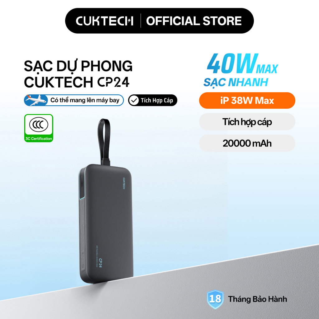 【Được chứng nhận CCC】CUKTECH Pin Dự Phòng 20000mAh Sạc Nhanh 40W – Tích Hợp Dây, Hỗ Trợ iP 38W / Xiaomi 33W —— CP24
