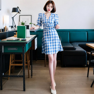 Đầm caro xanh nút bọc, váy dạo phố style hàn (kèm hình thật)