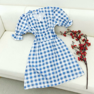 Đầm caro xanh nút bọc, váy dạo phố style hàn (kèm hình thật)