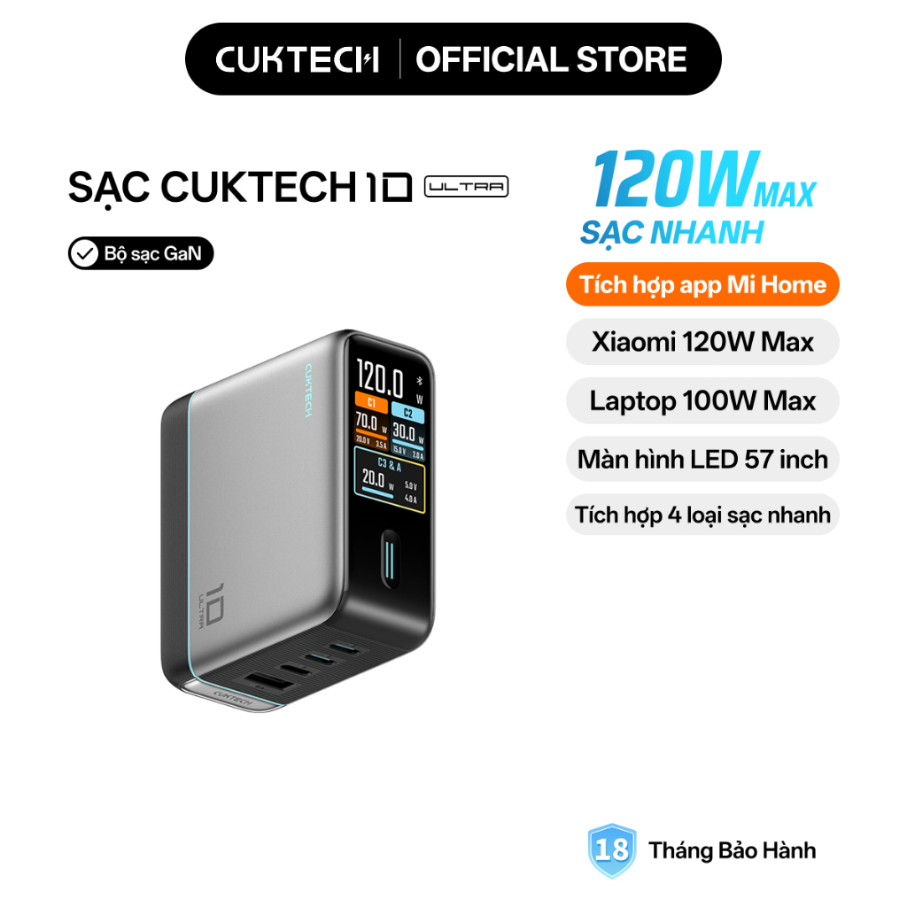 Củ Sạc Nhanh CUKTECH GaN 120W 4 Cổng Điều Khiển App Mi Home Cho Laptop/iP 17/16/15 Pro Max/Xiaomi 17/Samsung S26