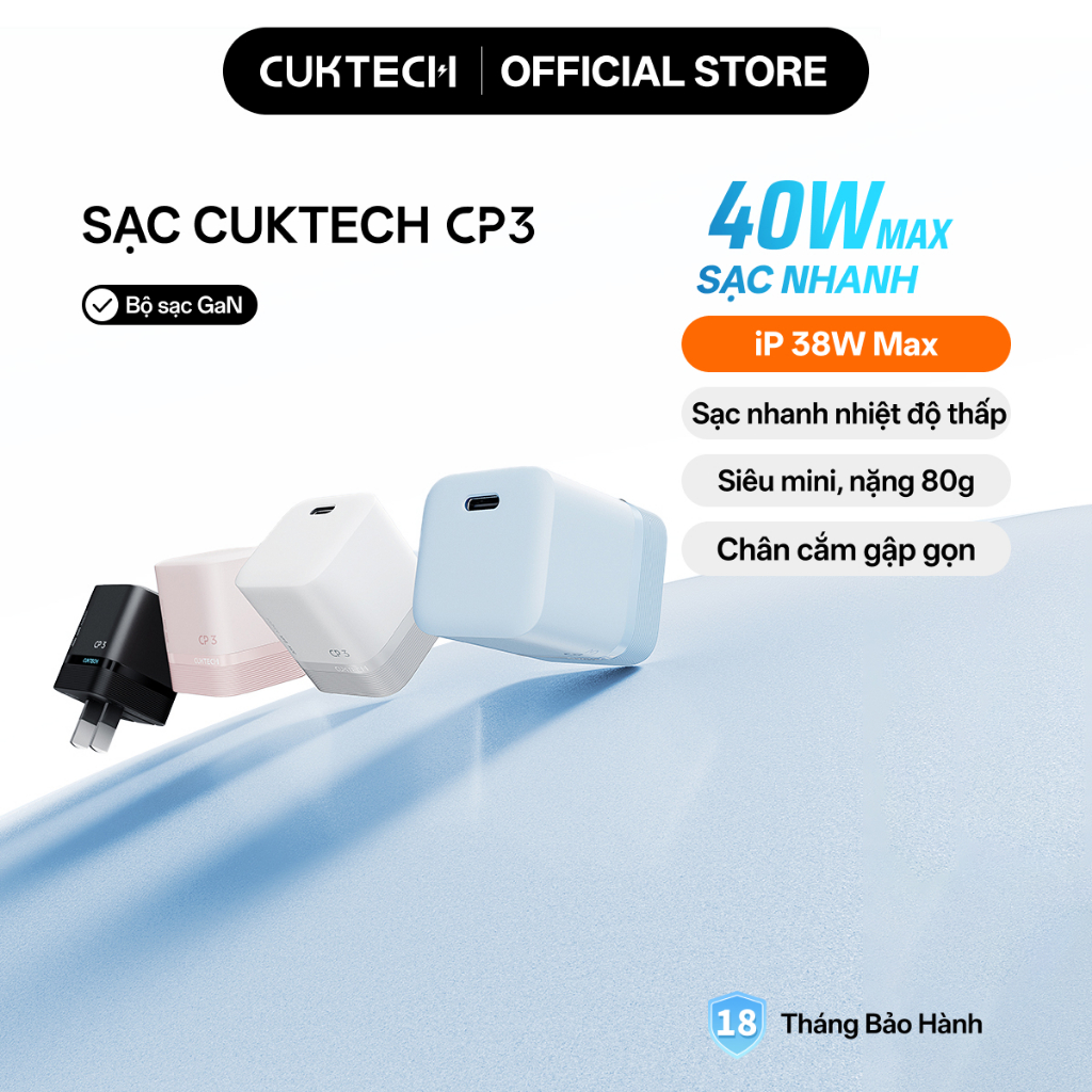Củ Sạc Nhanh CUKTECH GaN 40W Siêu Nhỏ Gọn Chân Gập Không Nóng Máy Cho iP 17/16/15/iPad Air/Samsung S26
