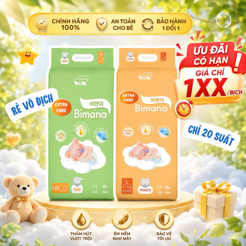 Tã/Bỉm Dán/Quần BIMANA EXTRA CARE Thấm Hút Tốt, Đủ Size Thấm hút tốt