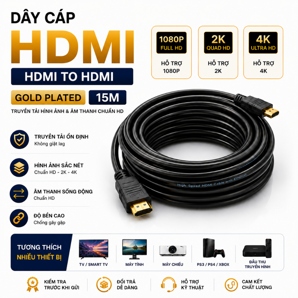 Dây Cáp HDMI 1.5M 3M 5M 10M 15M 1080P 2K 4K Ultra HD HDMI To HDMI Cho TV Laptop PC Máy Chiếu PS Xbox