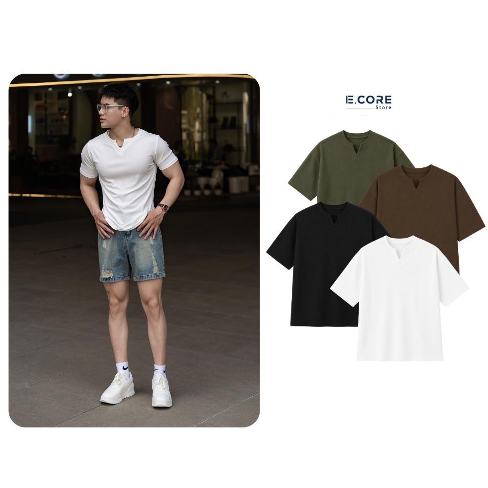 Áo thun gân ngắn tay cổ chữ V fom rộng dáng trẻ  E Core Store trungMenswear Nhung Cổ Tròn Cotton Tim