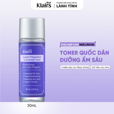 [Minisize] Nước hoa hồng Dear, Klairs Supple Preparation Unscented Toner hỗ trợ làm sáng da 30ml