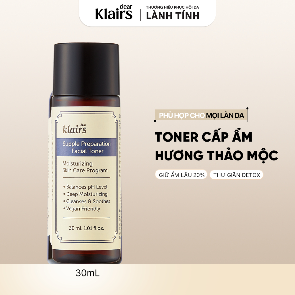 [Minisize] Nước hoa hồng Dear, Klairs Supple Preparation Facial Toner mini hỗ trợ làm dịu da 30ml