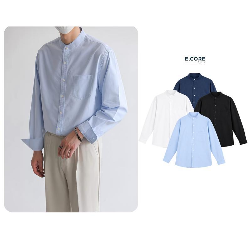 Áo Sơ Mi Trơn Tay Dài Nam Nữ Hàn Quốc Cổ Tàu Form Reguler E core Store   4 Màu Menswear