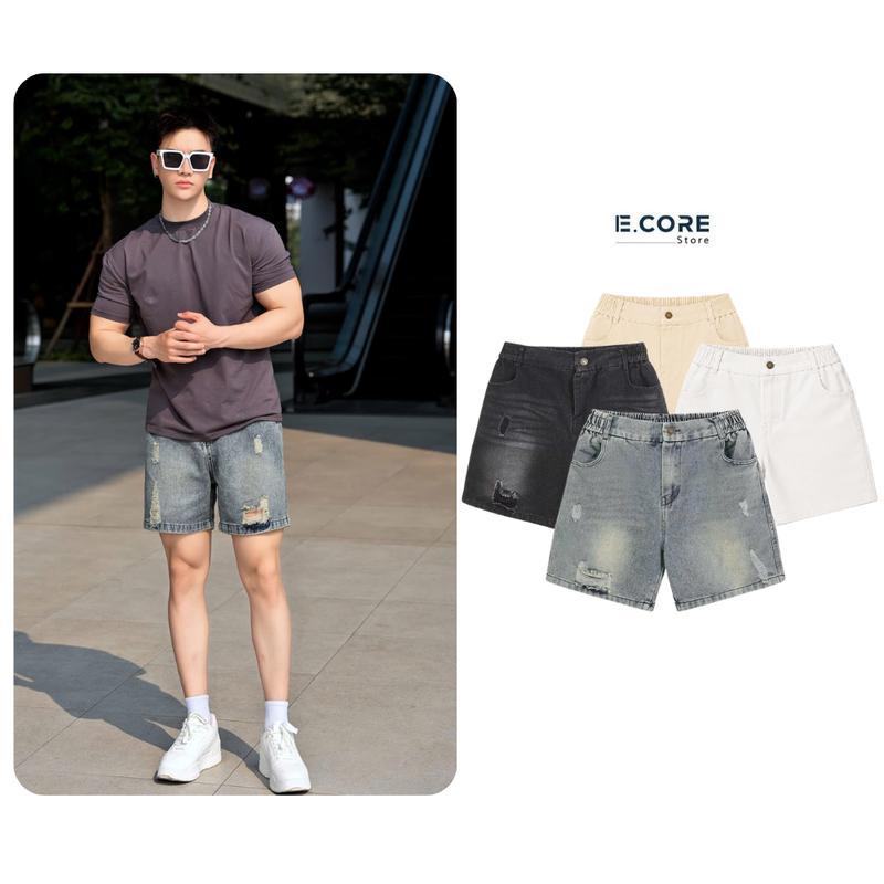 Quần Short Jean Nam 4 Màu Trắng Be RETRO, Quần Đùi Bò Short Nam Ống Rộng Form Ngắn Trên Gối