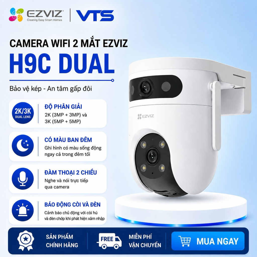 Camera Wifi 2 Mắt EZVIZ H9C 2K 6MP/H9C 3K 10MP/H9C 4G, Xoay 360 Độ, Đàm Thoại 2 Chiều, Full Color