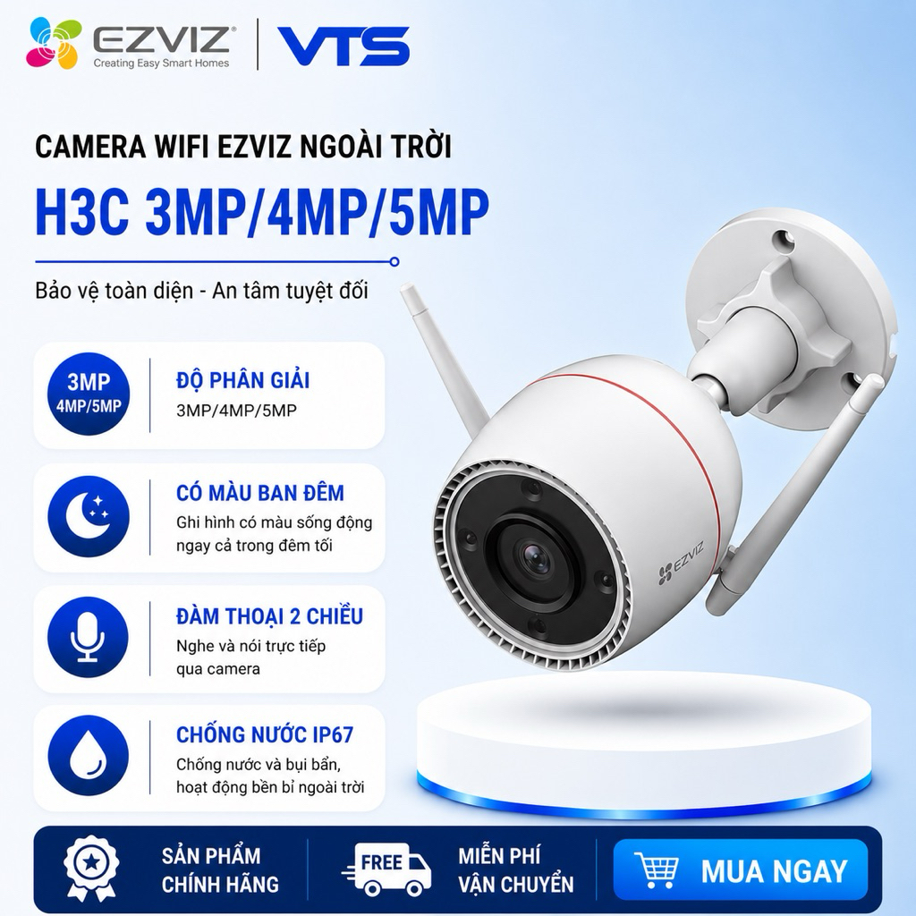 Camera Wifi EZVIZ H3C 3MP/H3C 4MP/H3C 5MP, Full Color, Đàm Thoại 2 Chiều, H.265, Chuẩn IP67- VTS