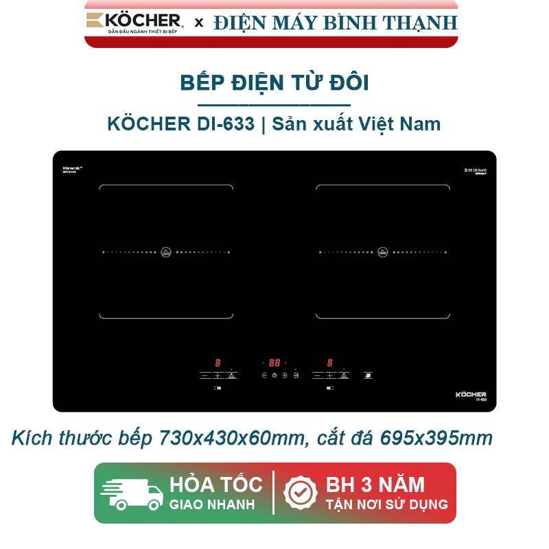 Bếp điện từ đôi cảm ứng Kocher DI-633 tổng công suất 4000W - Sản xuất Việt Nam, bảo hành 3 năm