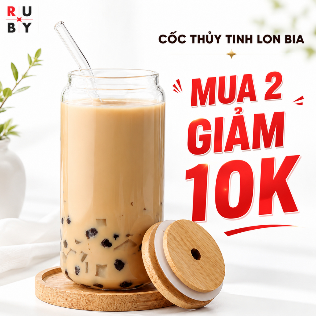 Ly thủy tinh Hình Lon Bia Chịu Nhiệt 350ml/500ml, trong suốt, có nắp, có ống hút