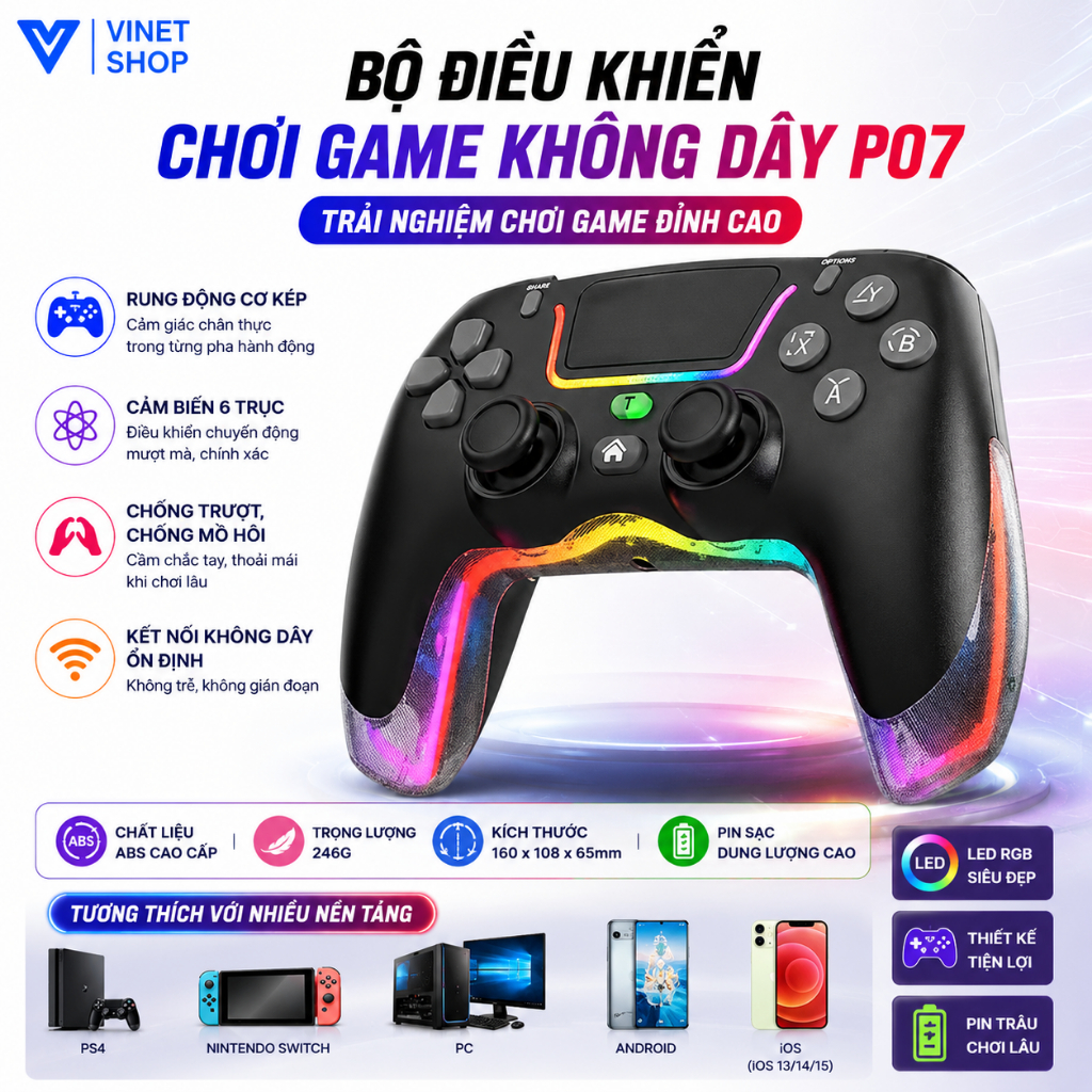 Tay Cầm Chơi Game P07/P06 LED RGB Siêu Rung Hỗ Trợ PC/Laptop/Smart Phone, Tay Cầm Chơi Game Game FO4